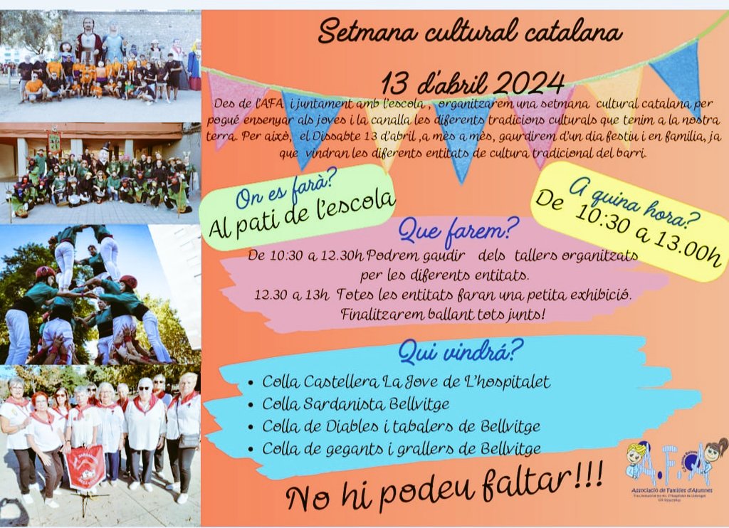 Avui estarem al <a href="/cejaumebalmes/">CE Jaume Balmes</a> a la jornada de cultura catalana organitzada per l'AFA. 
Serà un matí festiu amb altres entitats del barri..
Famílies, us esperem!