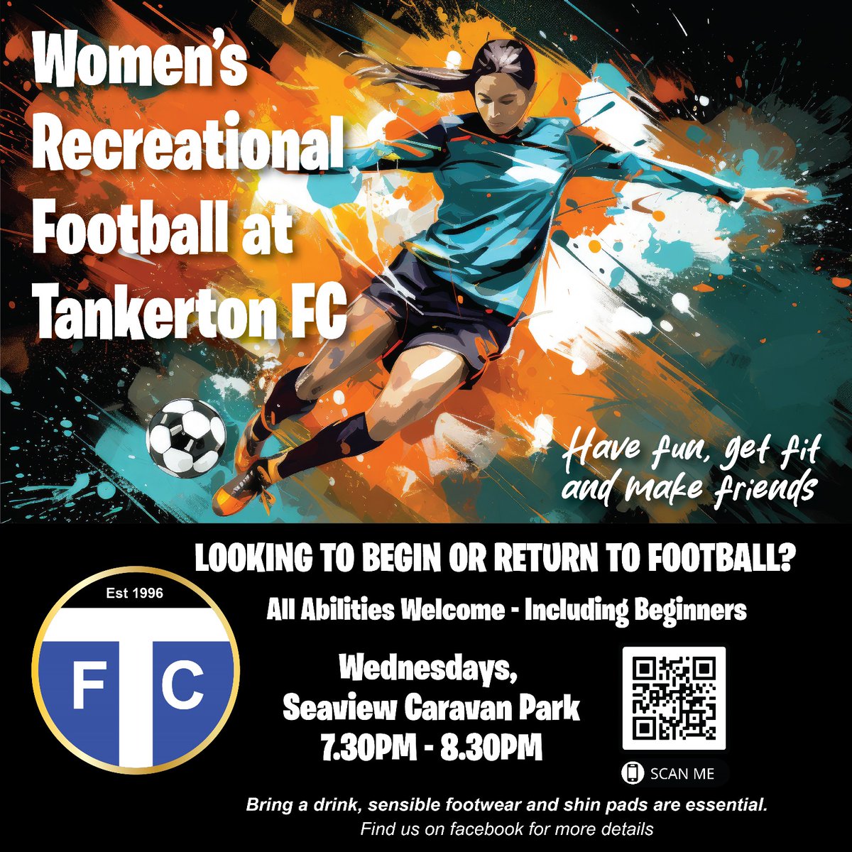 Women's Recreational Football at Tankerton Football Club
Wednesdays@ Seaview Caravan Park, 7.30pm to 8.30pm
For more information email Dean Gonsalves Club@tankertonfc.co.uk