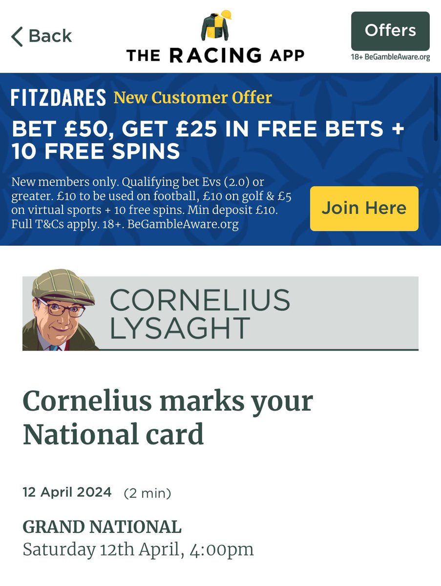 Corach Rambler? I Am Maximus? Meetingofthewaters? Limerick Lace? Vanillier? Find out which contender @CorneliusRacing is siding with in this year’s #GrandNational on 𝗧𝗵𝗲 𝗥𝗮𝗰𝗶𝗻𝗴 𝗔𝗽𝗽. 👇 apps.apple.com/gb/app/the-rac…