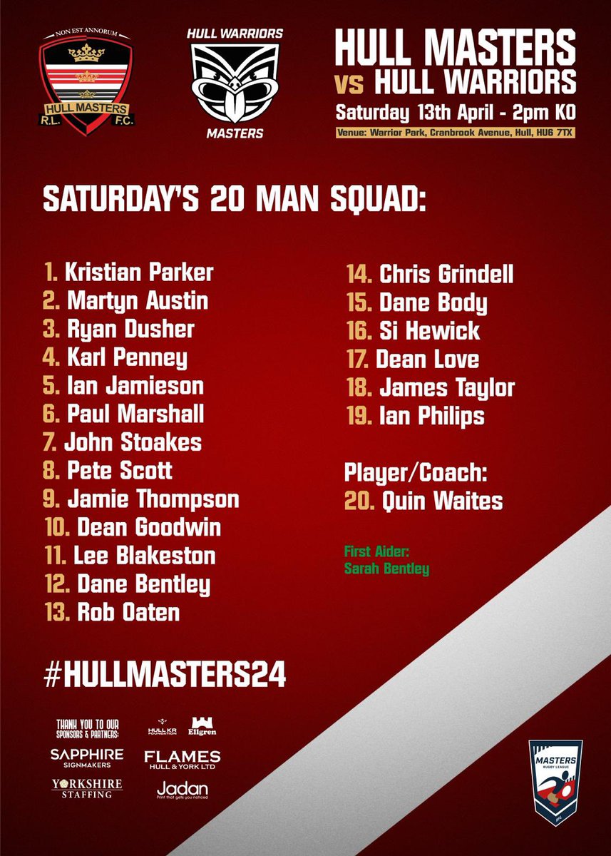 🏉 It’s Derby Day, we travel west to @hull_warriors this afternoon 🏉 Masters Rugby League ➡️ Saturday 13th April 🏟 Warrior Park, Cranbrook Ave, HU6 7TX 🕐 2:00pm KO 📄 Here’s how the team will line up ⤵️ #MastersSpirit #hullmasters24 #derbyday