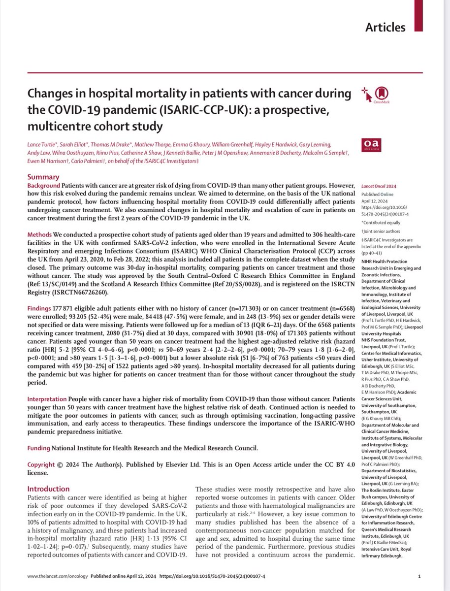 Prospective, longitudinal data with a contemporaneous non-cancer cohort has enable us to make important novel observations in regard to cancer patients on treatment & admitted with COVID @LanceTurtle ⬇️ this demonstrates power of national pandemic planning @ISARIC1 @CCPUKstudy
