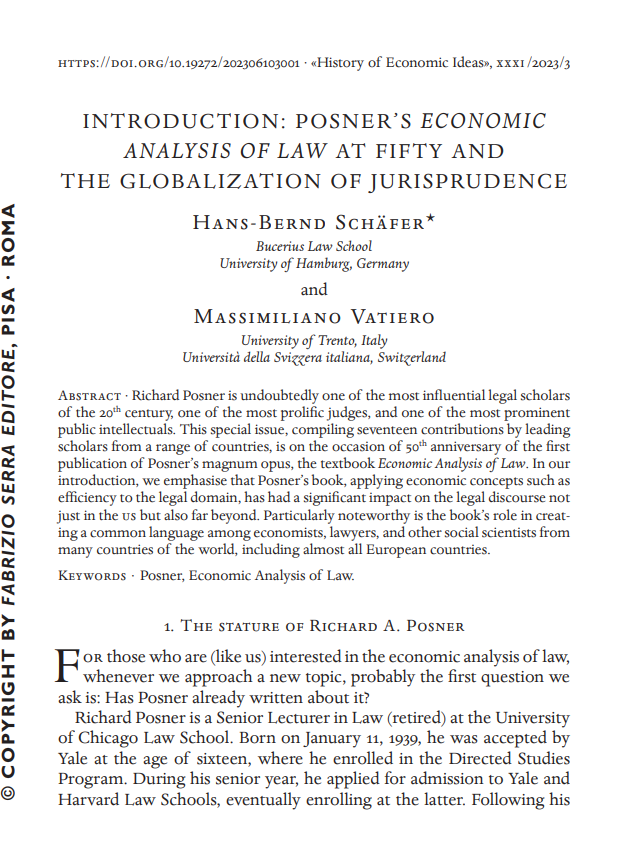 First page of the intro by Massimiliano Vatiero (@5crooge ) and Hans-Bernd Schäfer to the special issue of History of Economic Ideas on the 50th anniversary of Posner's Economic Analysis of Law. 1/N