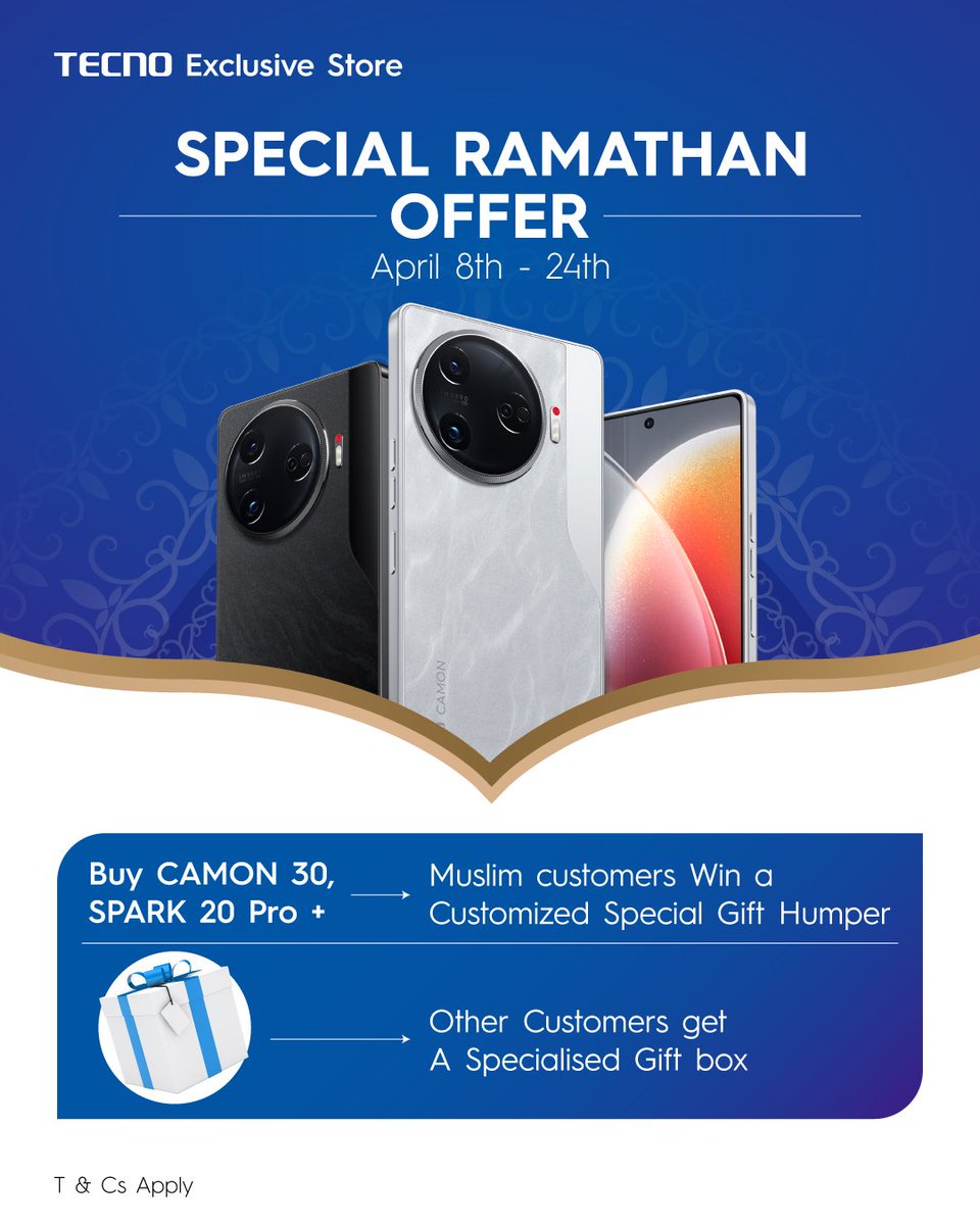 The weekend is here & the Ramadhan Week is ending. If you are a Muslim 🕌 you'll receive Free TECNO Exclusive hampers. Just pass by the beautiful #TECNOArenaMall. 🔺 Also anticipate for the #CAMON30AIPhone