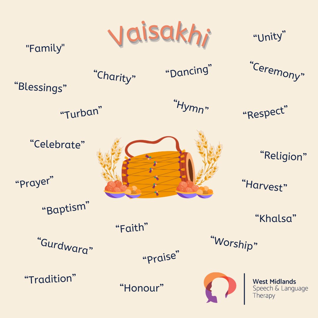 Happy Vaisakhi to our followers who are celebrating! 🎉 Here is some key vocabulary you can model to children and young people today! #slcn #languagedevelopment #Vaisakhi #celebration