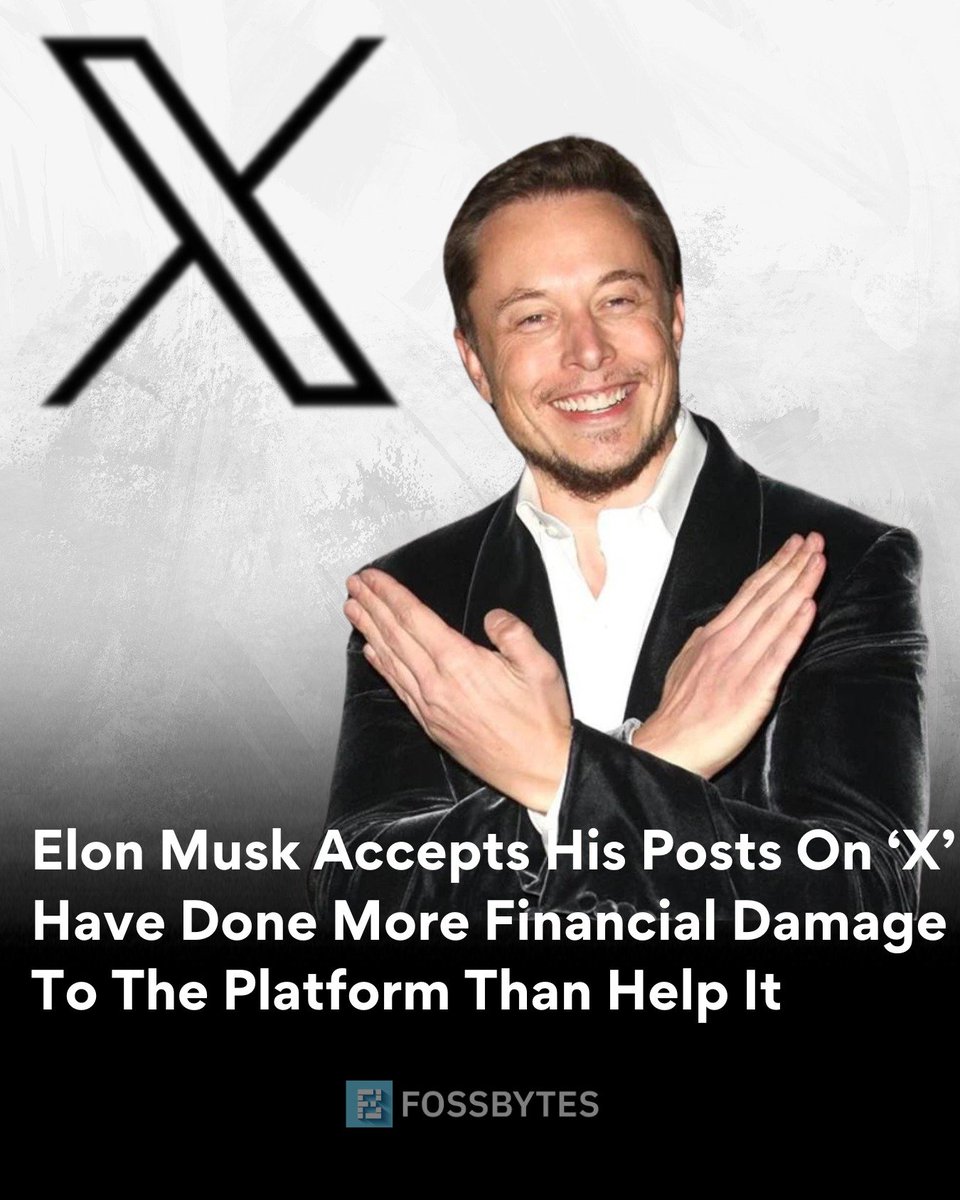 FossbytesUk's tweet image. Elon Musk acknowledged that his social media activity may have negatively impacted X’s financial status.
During a deposition for a lawsuit, Musk admitted that his posts might have harmed rather than helped the platform.