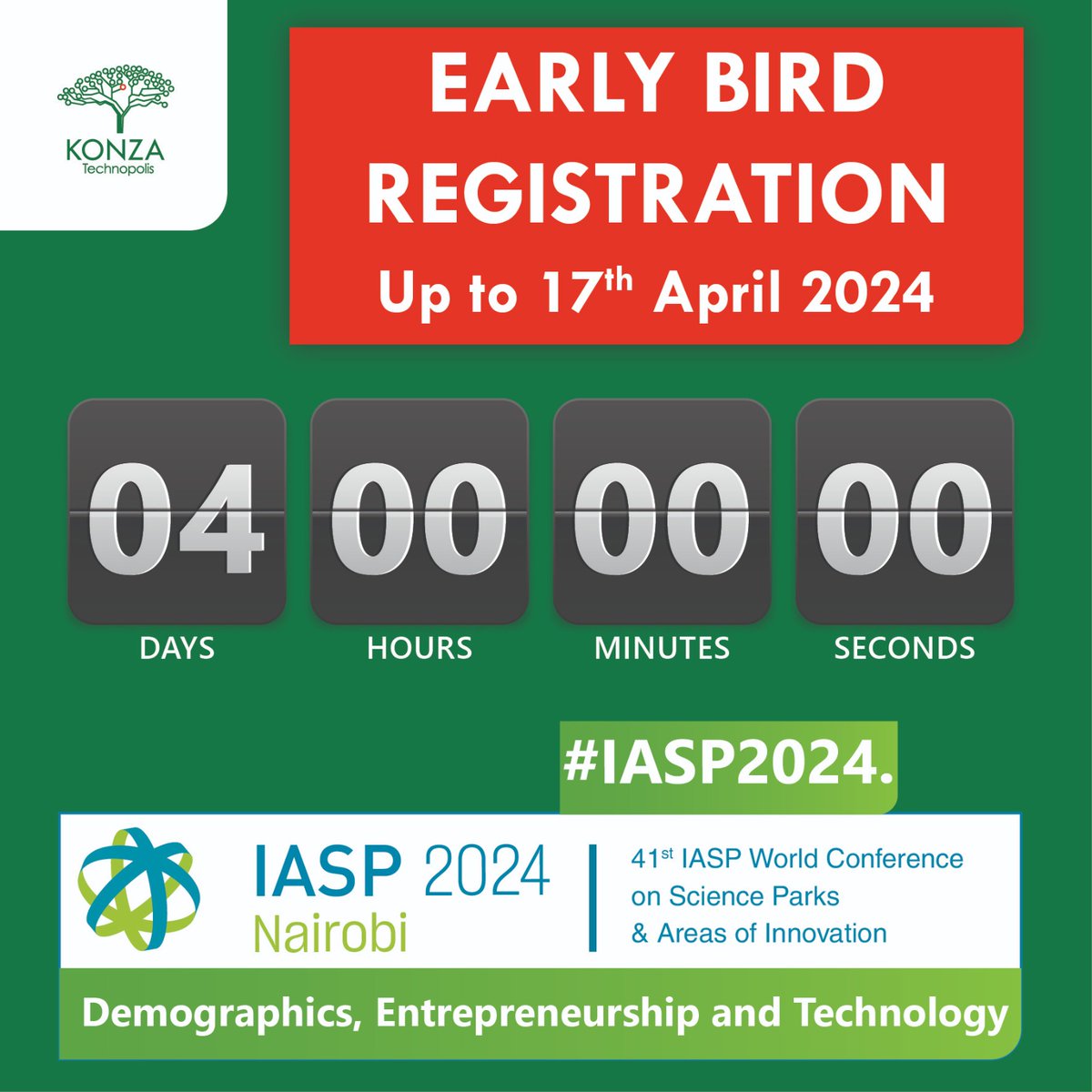 T-4 days to go till the deadline for #IASP2024 early bird registration.

Take this opportunity and register here iaspworldconference.com before the deadline catches up with you.

#KonzaTechnopolis #SmartCity  #SiliconSavannah #LetsGoToKenya
