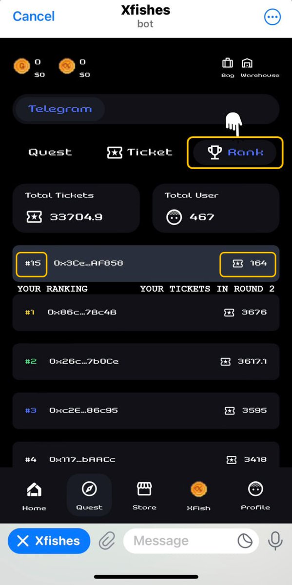 XfishGameFi's tweet photo. TOP 10 TICKET RANKINGS

🔥 Check the Ranking to see where you stand in the Round 2 Telegram Quest!

Don't miss out!
⏰ Quest Finish: 2 pm UTC 14/04/2024.
🪂 Airdrop Distribution: 400K XFG tokens

Buy Xfish (Arbitrum)
https://t.co/iLVTt7iIfq

#XFish #Quest https://t.co/BqgCL07qBi