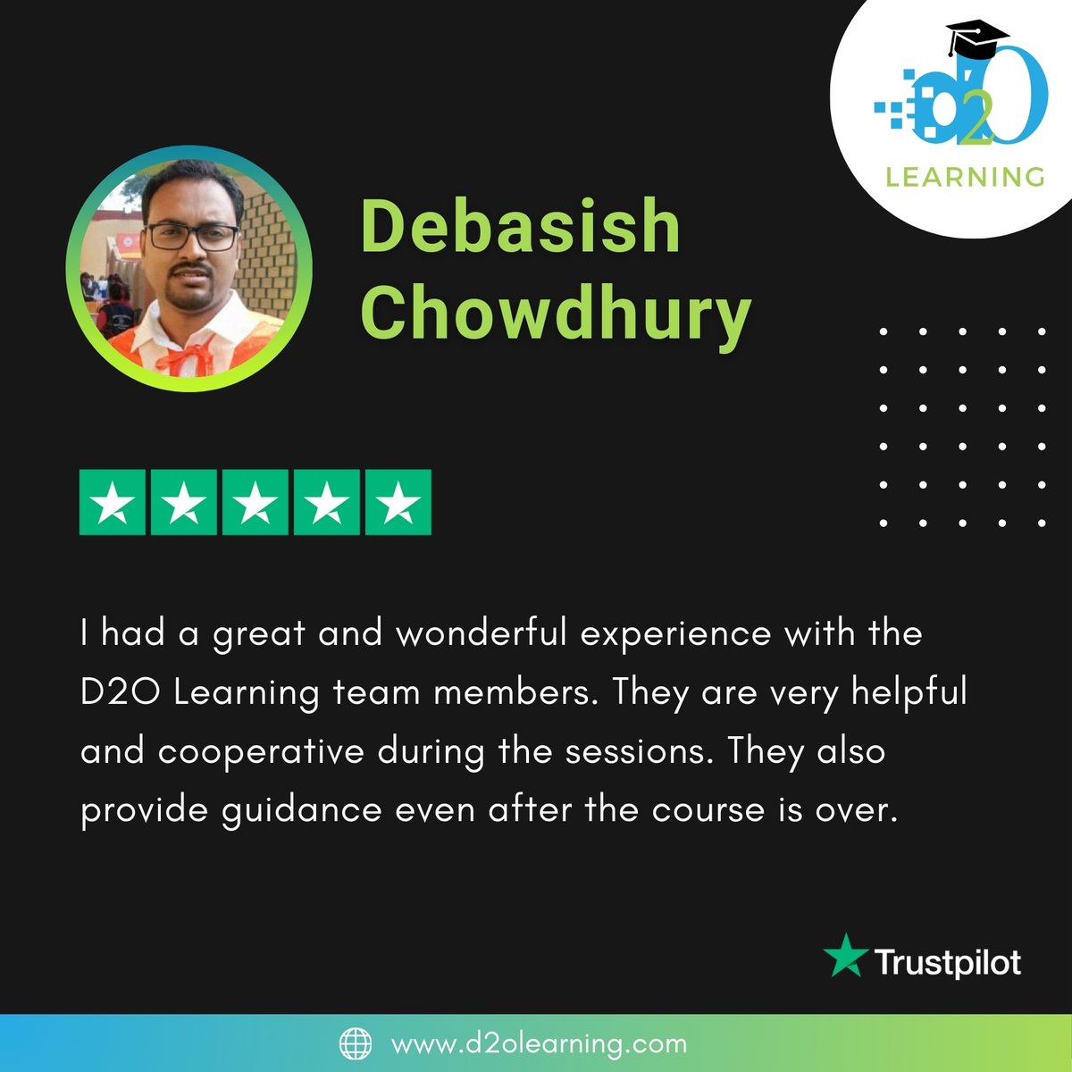 🌟 Thank you, Debasish Chowdhury, for sharing your wonderful experience with us! We're thrilled to hear that your journey with the D2O Learning was great.

🔗 Check out our storefront:  lnkd.in/g_q3MBHB

#SkillEnhancement #SustainabilityEducation 
#D2OScholar #Review