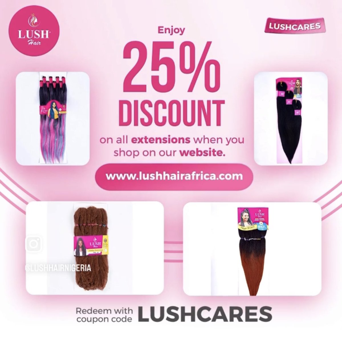 Saturdays are hairrrrr Dayssss🥳🥳🥳💃🏻 It’s a good day to make that braid you’ve always wanted to👌. And a perfect day to enjoy discount on all lush hair products!! Braid extensions Weaves Crotchet 25% off when you used the Promo code: LUSHCARES at check out Visit