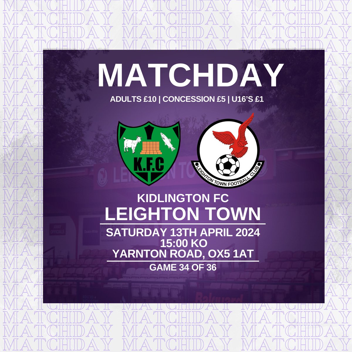 𝐈𝐓’𝐒 𝐌𝐀𝐓𝐂𝐇𝐃𝐀𝐘 😁

Today we travel to Oxfordshire to face @kidlingtonfc_ 🫡

⏰15:00 KO
🎟️Adults £10, Concs £5, U16’s £1
📍Yarnton Road, OX5 1AT

We hope you can join us 🚗

#YourTownYourTeam
