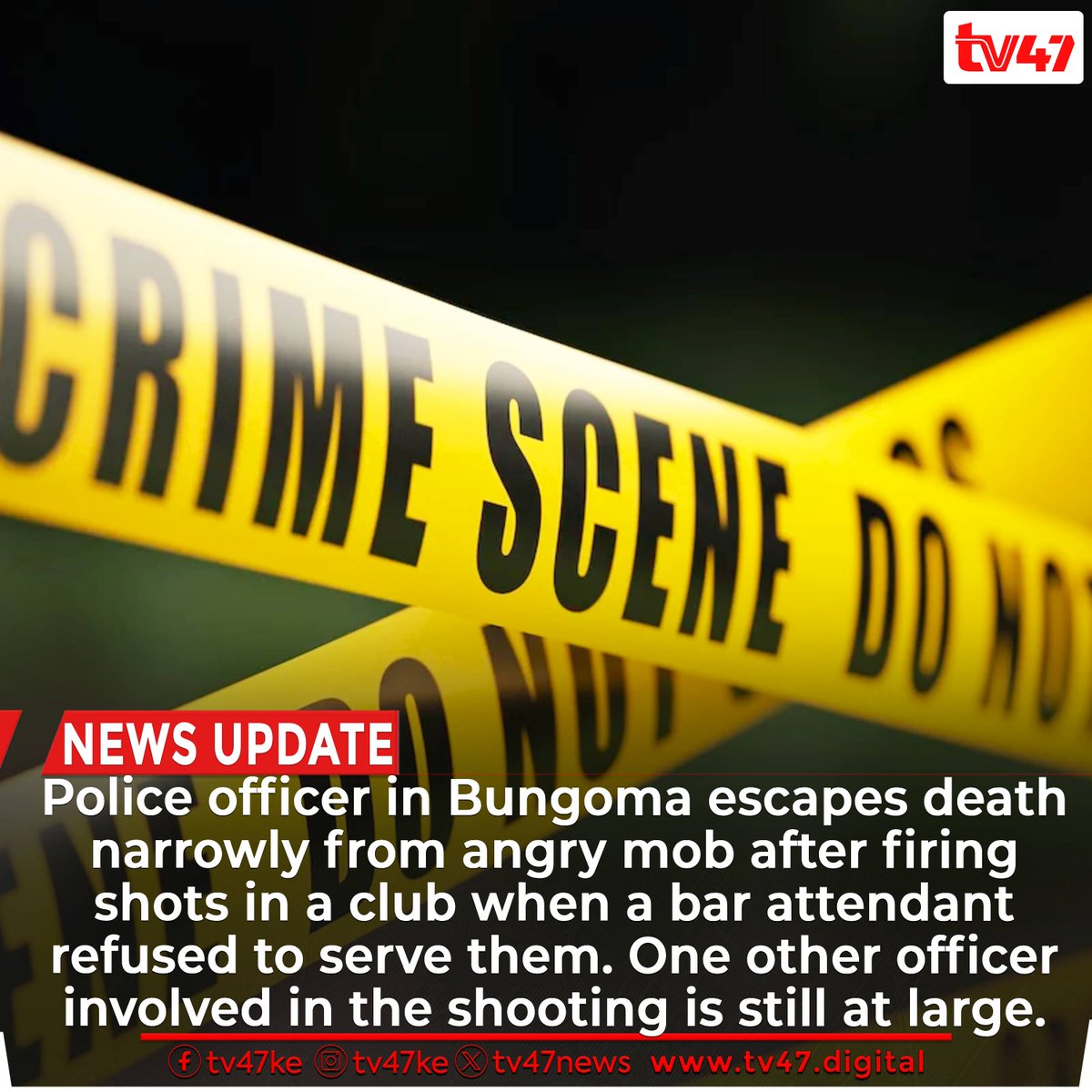 POLICE officer in Bungoma escapes death narrowly from angry mob after firing shots in a club when a bar attendant refused to serve them. One other officer involved in the shooting is still at large. The two demanded to be served despite the attendant insisting it was time to…