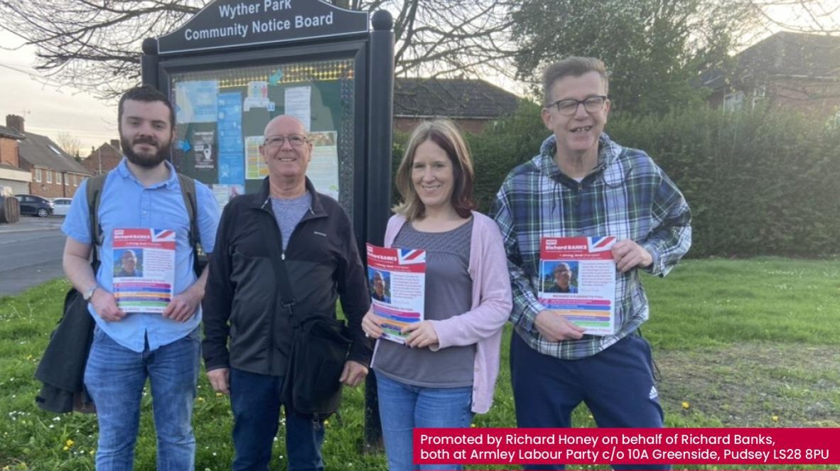 Friday evening on the Wythers Estate in support of life-long local resident Richard Banks, our fab @ArmleyLabour @Leeds_Labour election candidate for Council. With Michael @FionaVenner & Richard H who kindly volunteers as agent & branch chair and who took the photo #Armley