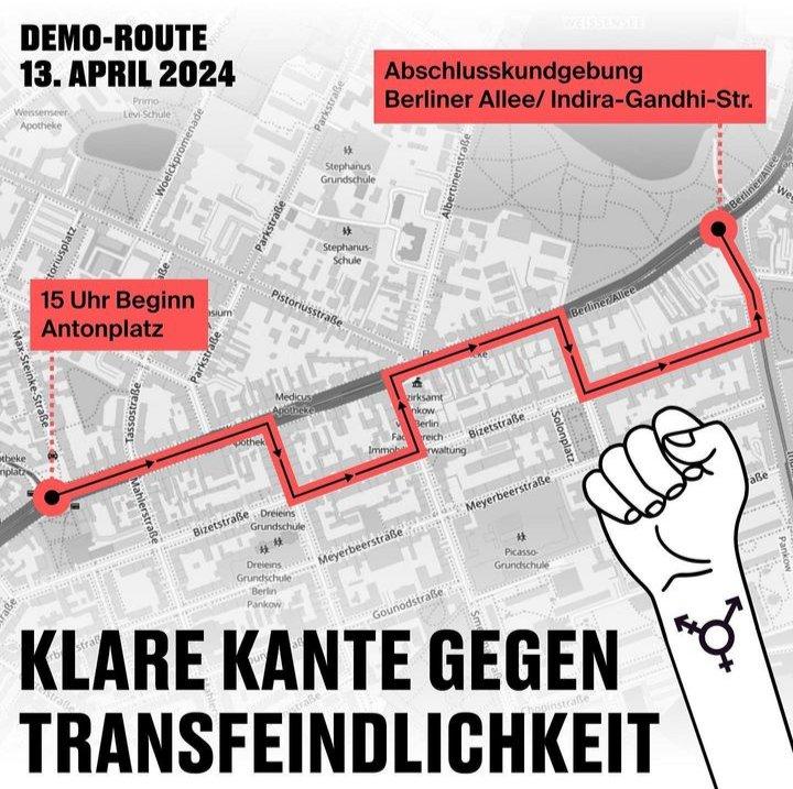 ‼️Kommt heute zur Demonstration gegen #Transfeindlichkeit in #Weißensee & #Pankow! 🔴#KlareKantegegenTransfeindlichkeit🔴 🕙13.04. | 15 Uhr 📍Antonplatz ℹ️antifa-nordost.org/13980/demo-geg… Für alle die unterwegs dazukommen wollen, hier die Demoroute⬇️ #B1304