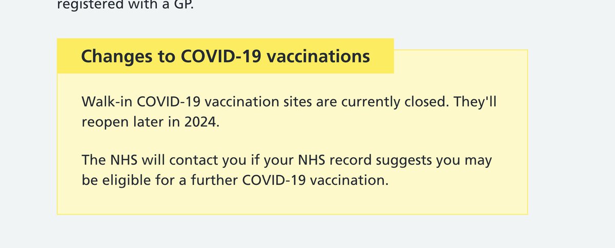 More non joined up planning from the #NHS 

Spring vaccination campaign starts in April - today is April 13. 

Find your nearest vaccination centre on the NHS website.

NHS website - walk-in  Covid vaccination centres are closed. Will open later in 2024.

#COVID_19