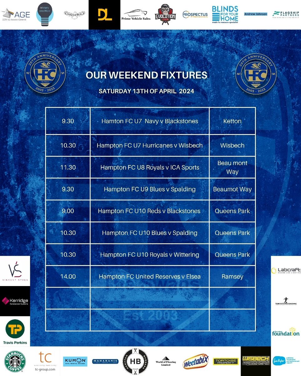 HamptonFCPeter1's tweet photo. Good luck to all of our teams who are playing today.

Have fun.

BIG thanks to all of our wonderful sponsors.

@HuntsFA 
@PDJALUK https://t.co/0btWWTwBNy