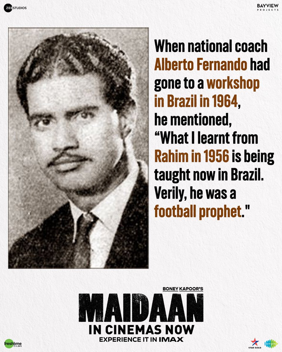 Did you know? S.A. Rahim and #TeamIndia's legacy goes beyond the field. Experience their inspiring story and be captivated by their passion for the game! 🇮🇳⚽️ Book your tickets now! 🔗 - linktr.ee/Maidaan_ Watch #Maidaan with your family in cinemas now! #MaidaanInIMAX