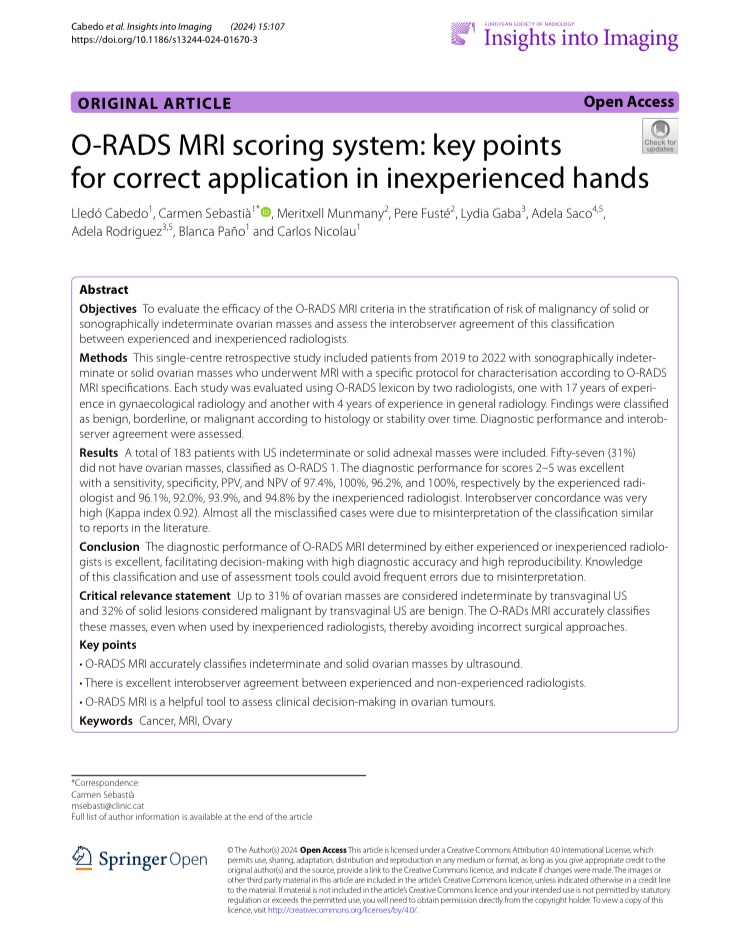 Radiologia Genitourinària Hospital Clínic BCN (@radiologiabcn) on Twitter photo We are really proud to annonce the publication of our O-RADS MR series in the prestigious journal (Q1) <a href="/InsightsImaging/">Insights into Imaging</a>
This is the first article of <a href="/lledocabedo/">Lledó Cabedo</a>
thesis with Emili Letang scholarship.
Estem molt orgullosos, Lledó!
<a href="/ORADSmri/">ORADS MRI</a> <a href="/ESUR_JN/">ESUR Junior Network</a> <a href="/salvasapedraza/">Salvador Pedraza</a> We are really proud to annonce the publication of our O-RADS MR series in the prestigious journal (Q1) <a href="/InsightsImaging/">Insights into Imaging</a>
This is the first article of <a href="/lledocabedo/">Lledó Cabedo</a>
thesis with Emili Letang scholarship.
Estem molt orgullosos, Lledó!
<a href="/ORADSmri/">ORADS MRI</a> <a href="/ESUR_JN/">ESUR Junior Network</a> <a href="/salvasapedraza/">Salvador Pedraza</a>