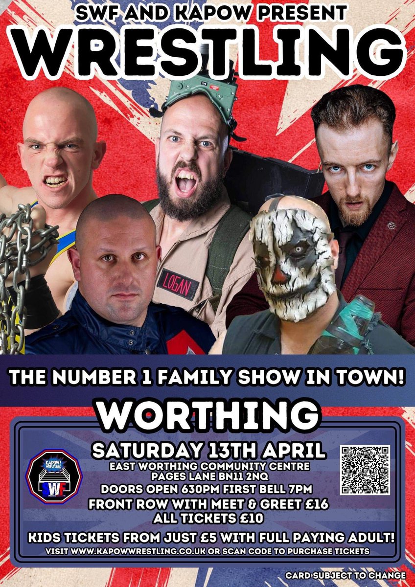 #tonight in #worthing #westsussex we have an absolutely stellar line up for you! We’re almost at capacity for this one- but you can get your tickets at Kapowwrestling.co.uk while there’s some left! #wrestling #wrestler #wwe #aew #familyfun #familyentertainment