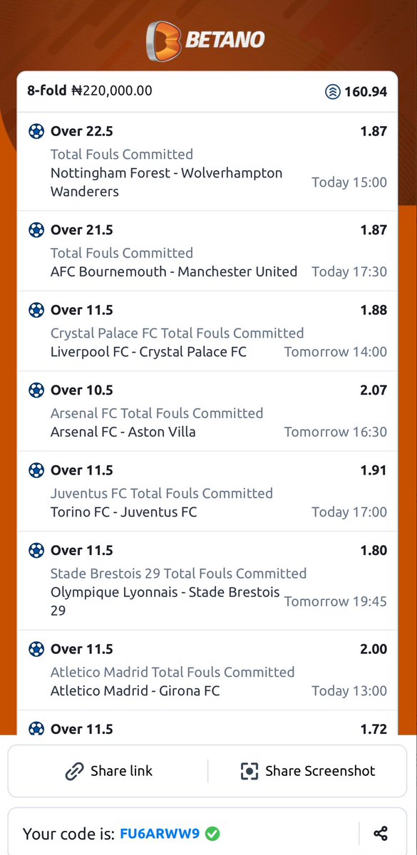 Let’s win this!!! 8 games 160 odds on BETANO 👇🏿REGISTER here to get sure 200,000 naira on ur first deposit👇🏻 Register: bit.ly/3x9jWK6 Booking code: FU6ARWW9 USE MRBAYO as promo code.