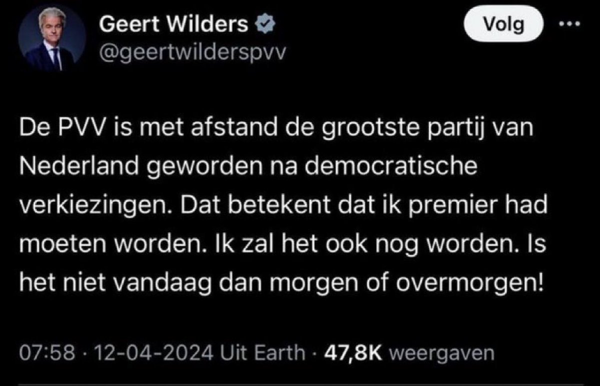 Even ter herinnering: 1) de PVV is geen partij 2) ook al was het een partij en de grootste dan nog betekent dat niet dat hij premier had moeten worden. 3) de meeste zetels hebben betekent initiatief nemen tot het formeren van een kabinet. Dat is alles