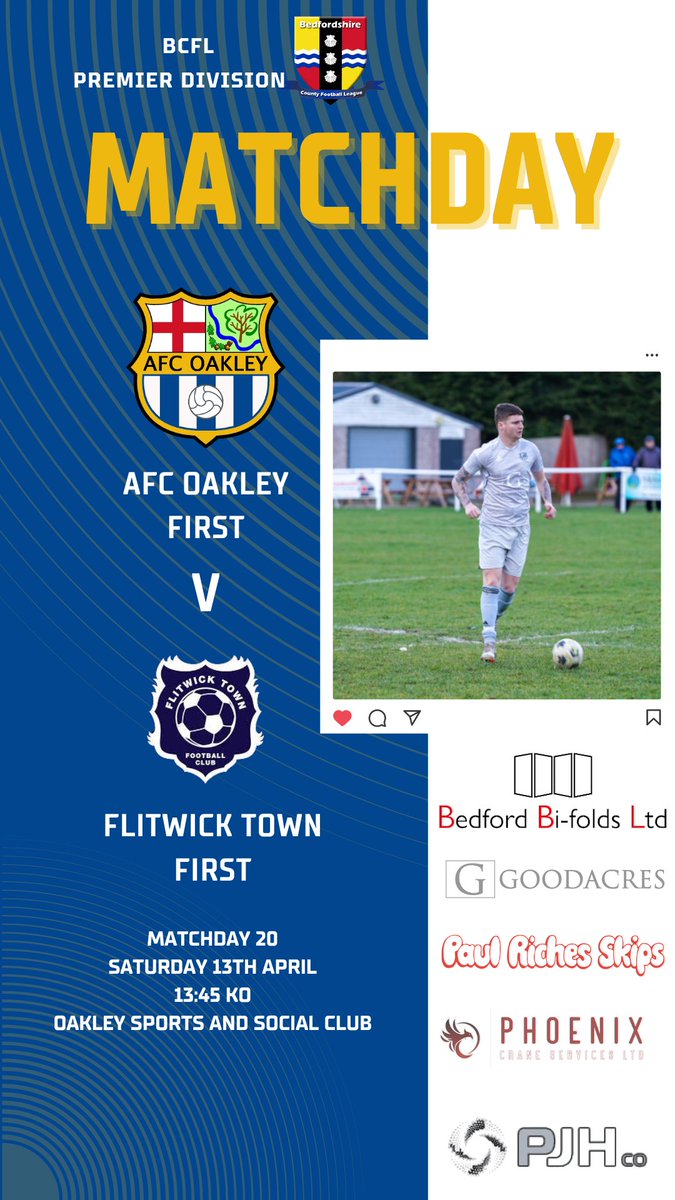 MATCHDAY 💙 Our First team's last home Saturday fixture of the season today as we host @FlitwickTownFC. A goal at the death saw defeat for the Oaks last time round so we will look to put that right today Early 1:45 KO as our U18 side are in semi final action later on COYO