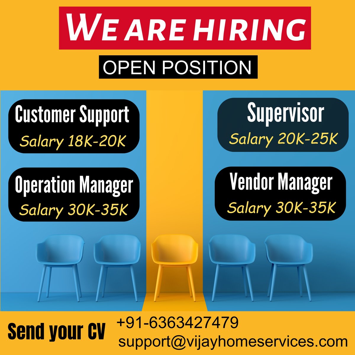 Exciting new career opportunities await! We are hiring for Various Roles. Send your CV to support@vijayhomeservices.com or call +91-6363427479 to kickstart your journey with us. 
#hiring #careers #jobopportunities #customerservice #operations #vendormanagement