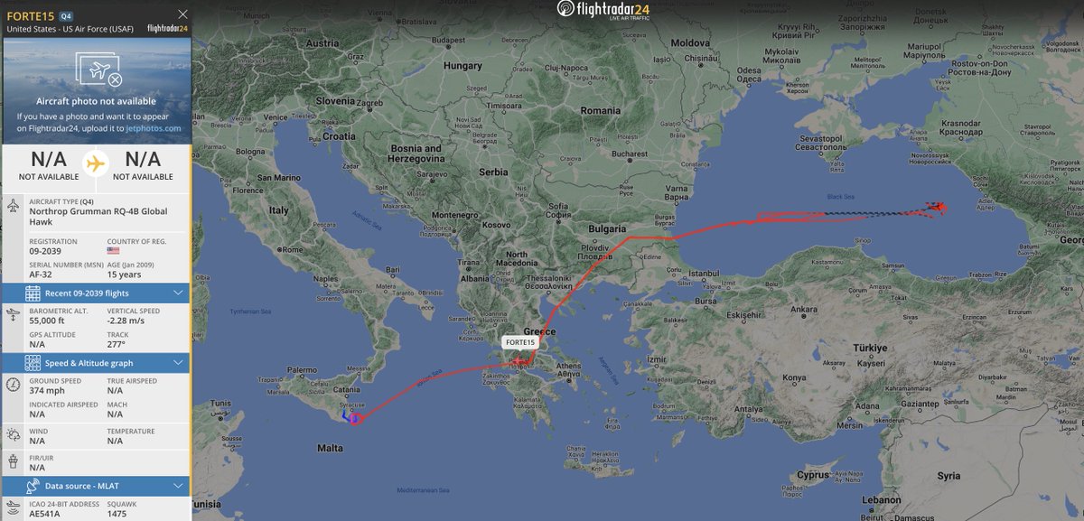 #USAF RQ-4B global hawk on the flight radar RTB having finished completing back and forths operating over the black sea, looking to be have been further east not far from the sochi coastline, departure and returning to sigonella naval station italy. #FORTE15 #AE541A