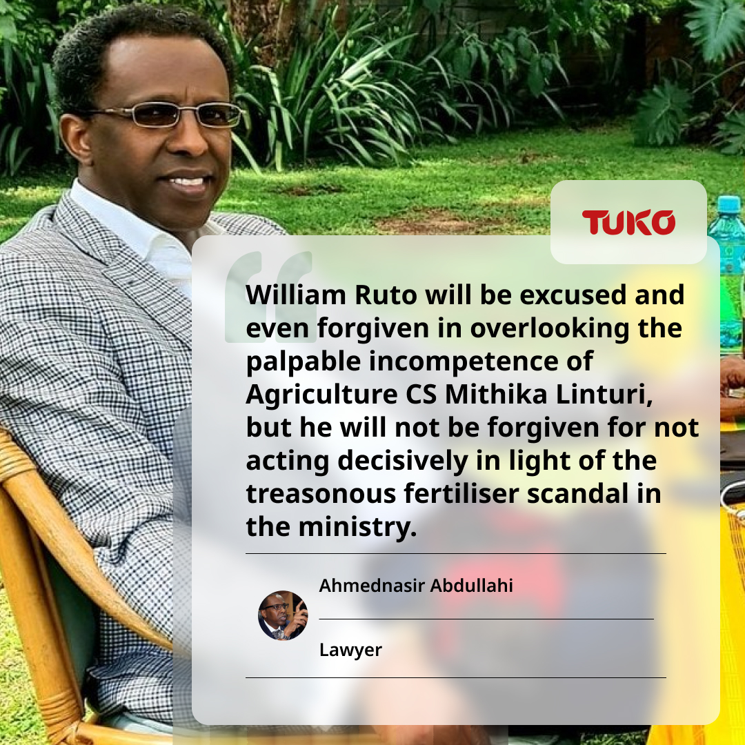 Lawyer Ahmednasir Abdullahi says President William Ruto won't be forgiven for not taking action against Agriculture CS Mithika Linturi over fake fertiliser scandal. #tukonews #Kenya #Politics #FakeFertiliser #Linturi #Ruto