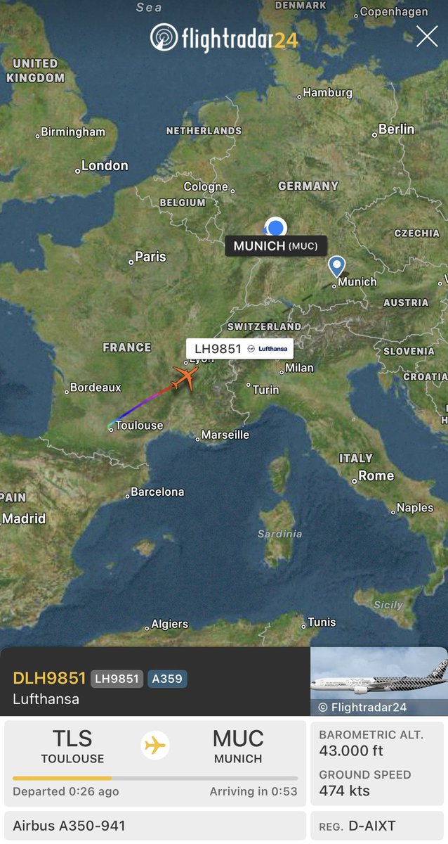 A very special aircraft is on its way from Toulouse to @MUC_Airport. ✈️ Any ideas, which one it could be? 🤩 Track it on @flightradar24 with Flightnumber LH9581!