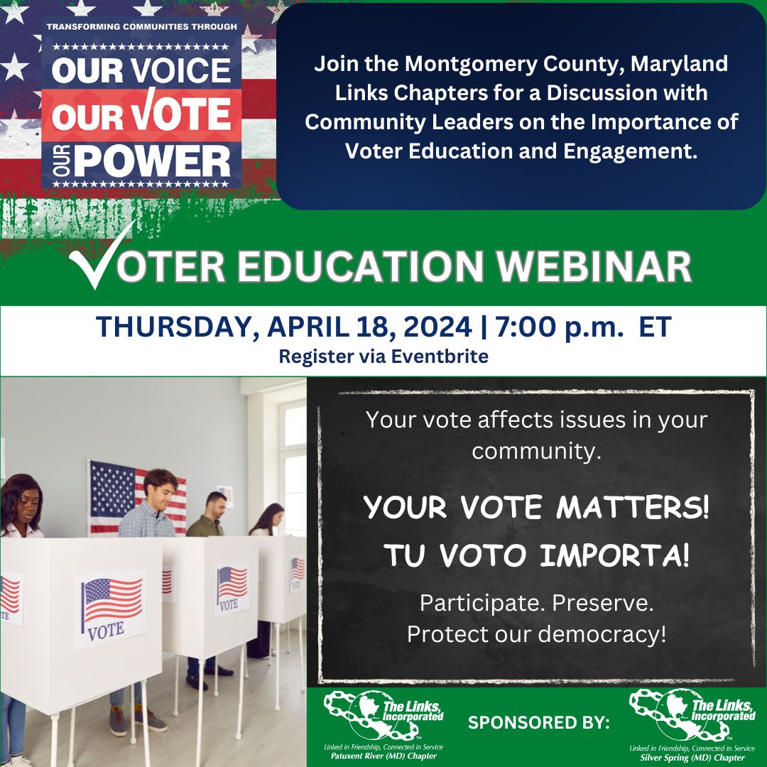 MoCoMDLWV's tweet photo. Hey MoCo Voters, Join Patuxent River (MD) and Silver Spring (MD) Links Chapters for a Discussion with Community Leaders on the Importance of Voter Education and Engagement and Why the Time is Now! Reserve your (virtual) seat today!

https://t.co/2t4RCSctOm https://t.co/PUq0ZkVGco