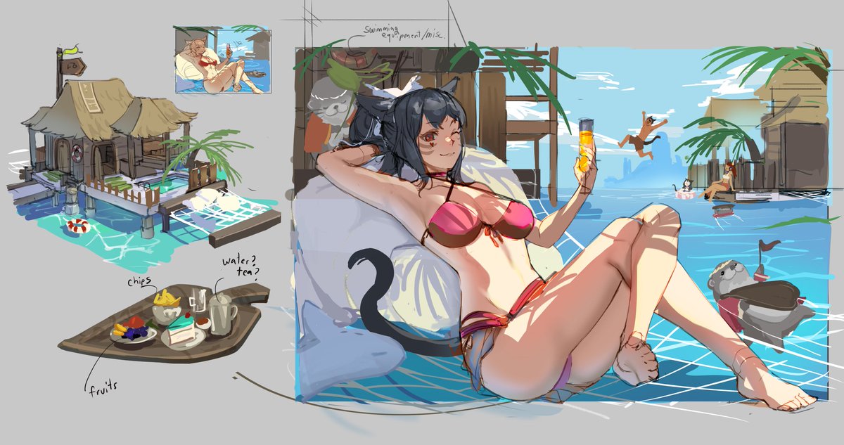 Commission done for Aprehx! I got to draw their cute Miqo'te girl in swimsuit! Also have designed her outfit as well ^^. Decided to have her in an otter resort, possibly in some coastline of Costa del Sol..?