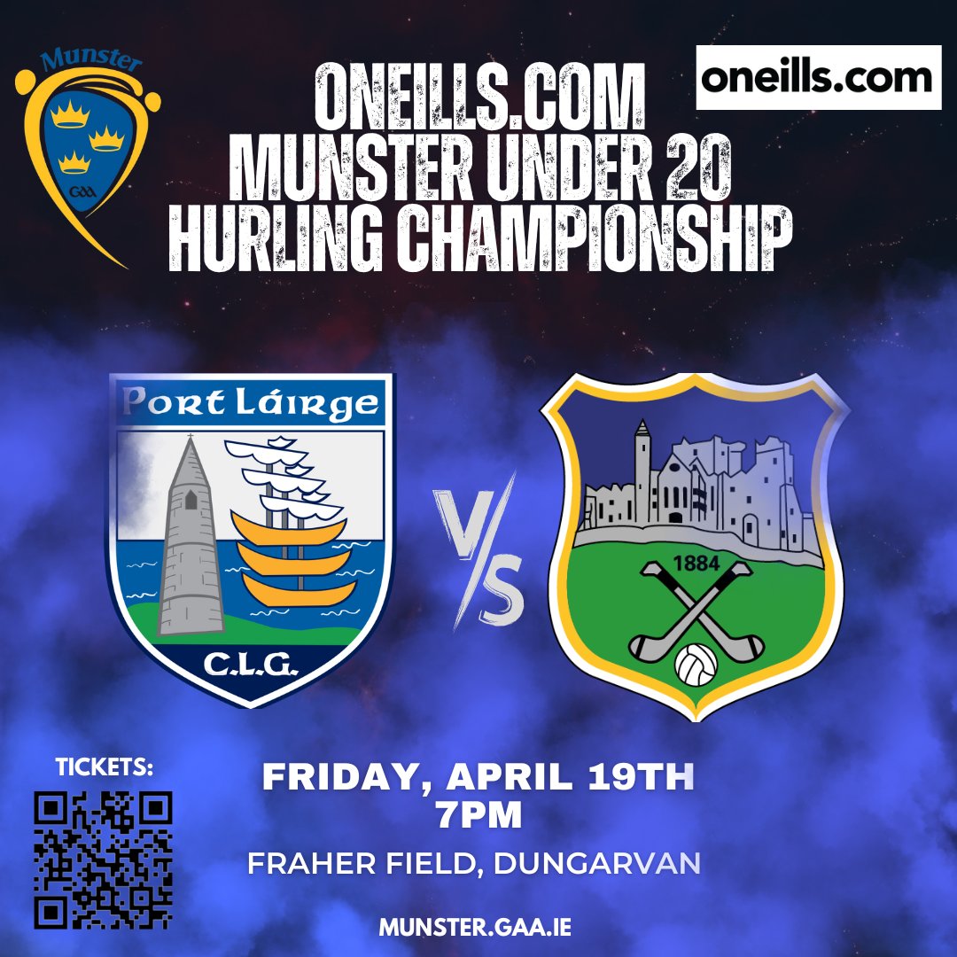 Waterford will play @TipperaryGAA in Rd 3 of the 2024 oneills.com @MunsterGAA Under 20 Hurling Championship on Friday April 19th at 7pm in Fraher Field Dungarvan Tickets: universe.com/users/munster-…
