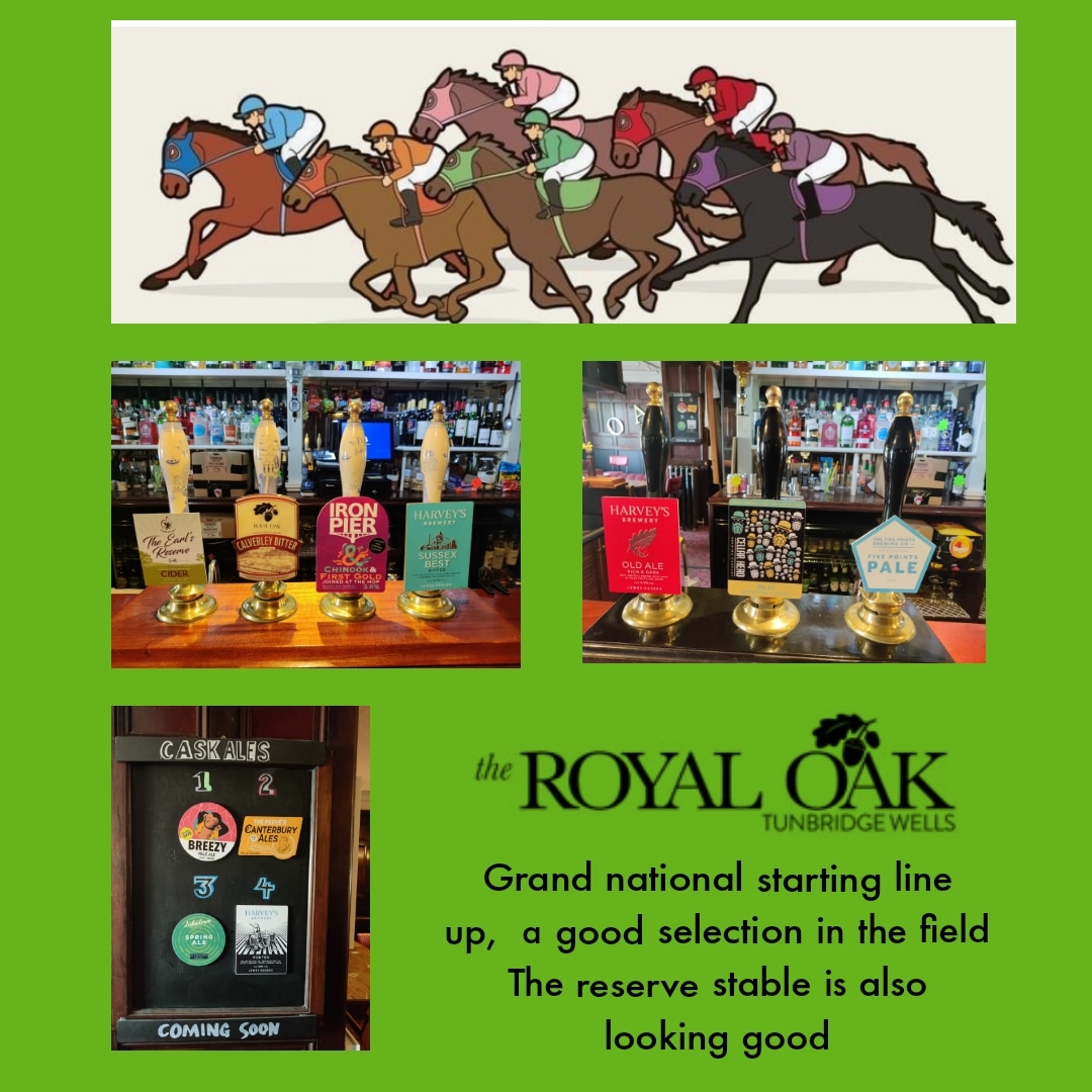 TheRoyalOakTW's tweet photo. We will be showing The Grand National live on our Big Screens.

#livehorseracing #grandnational #twpubs #realale #realalefinder #harveysbrewery #ironpier #cellarhead #calverleybitter #fivepointsbrewingco https://t.co/lh8aGElBwR