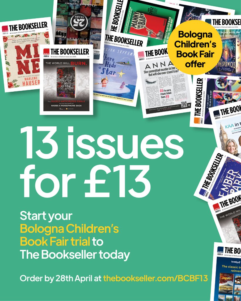 We're offering 13 issues of The Bookseller for £13 during Bologna Children's Book Fair- meaning you can trial all of our content for 13 weeks Find out more & subscribe: thebookseller.com/bologna-book-f…