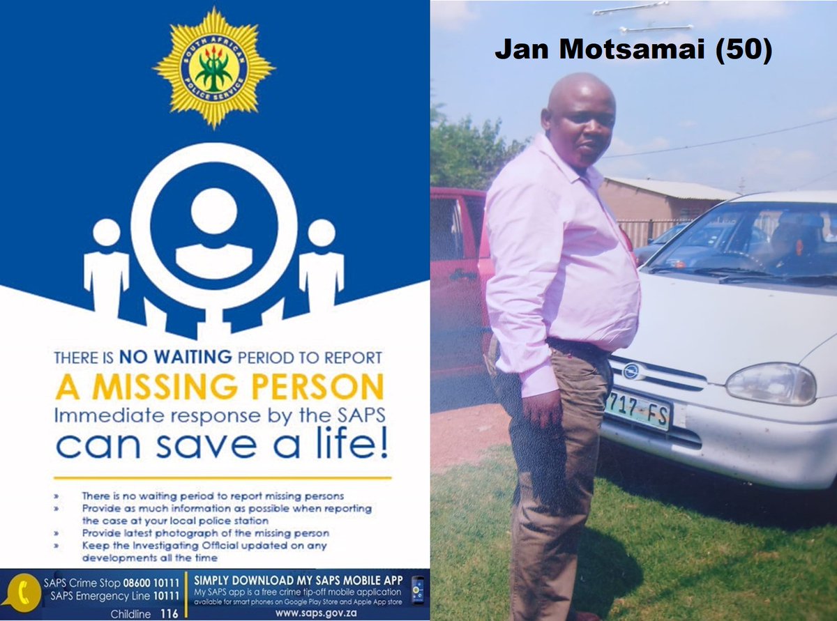 RT #sapsFS Help Maokeng Police find #missing man named Jan Motsamai (50) from Kroonstad. Last seen on 07/04 at about 12:45, when he left his home to go to Maokeng and he has since disappeared. Info->Lt Col Mabuti Moremoholo on 082 372 1436 #CrimeStop #MySAPSApp ME…