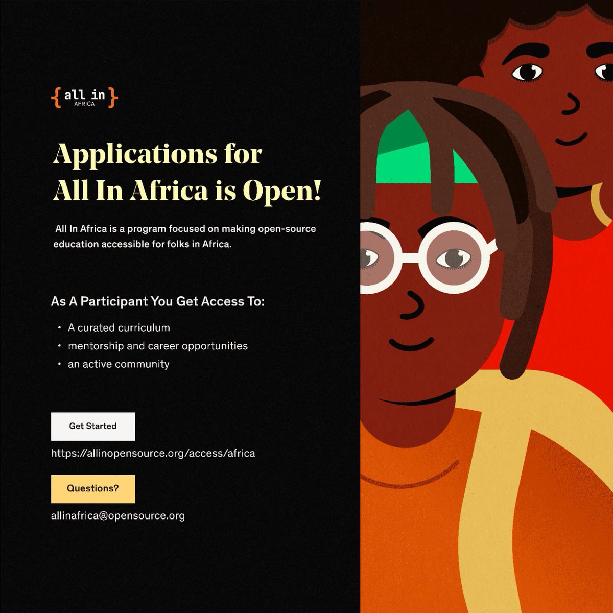 ✨️Opportunity✨️ Are you ready ready to kick-start your open source journey? The applications for @AllInOpenSource cohort 2 is now open. This program offers: - Education - Mentoring and collaboration - Scholarships Apply here: allinopensource.org/access/africa/ #chaossafrica