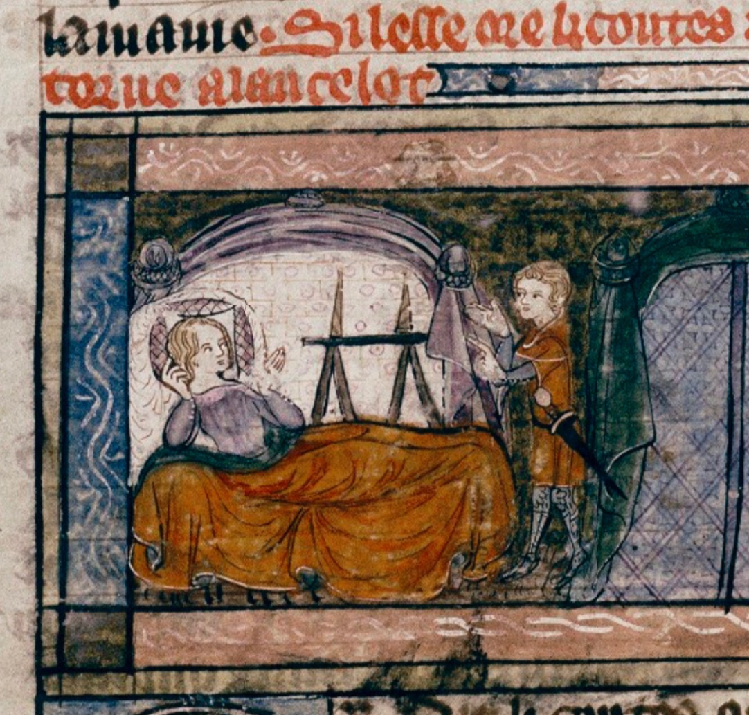 Like me, this medieval woman needs a lot of convincing to get up on the weekend! 💤 Scene from a 14th-century Lancelot romance cycle, now @bodleianlibs MS. Douce 199, f. 221v