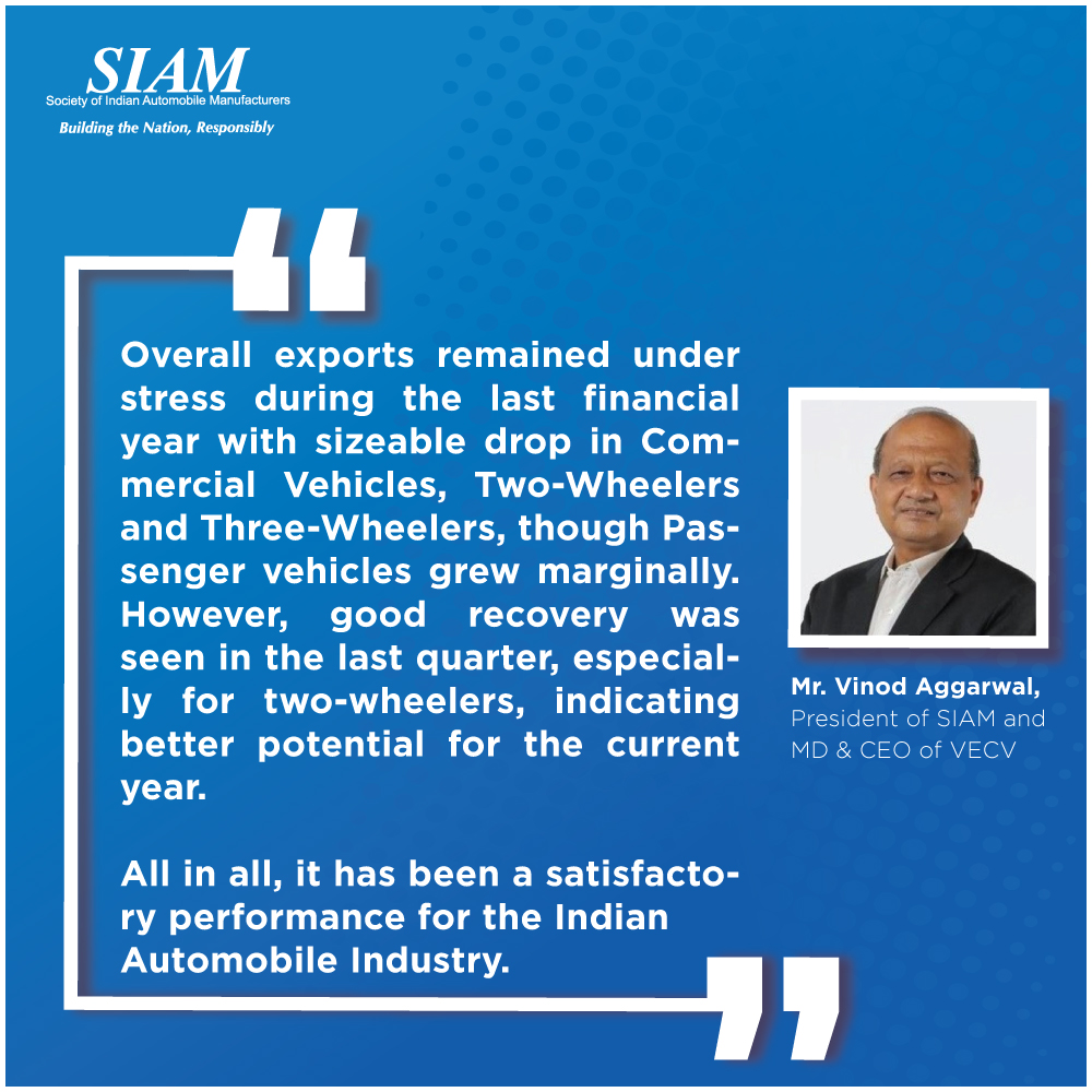 In his message to the industry, Mr. Vinod Aggarwal, President, SIAM and MD & CEO of VECV, highlighted various factors inducing stress on exports, especially pertaining to Commercial Vehicles, Two-wheelers, and three-wheelers. #SIAM #BTNR #SIAMData