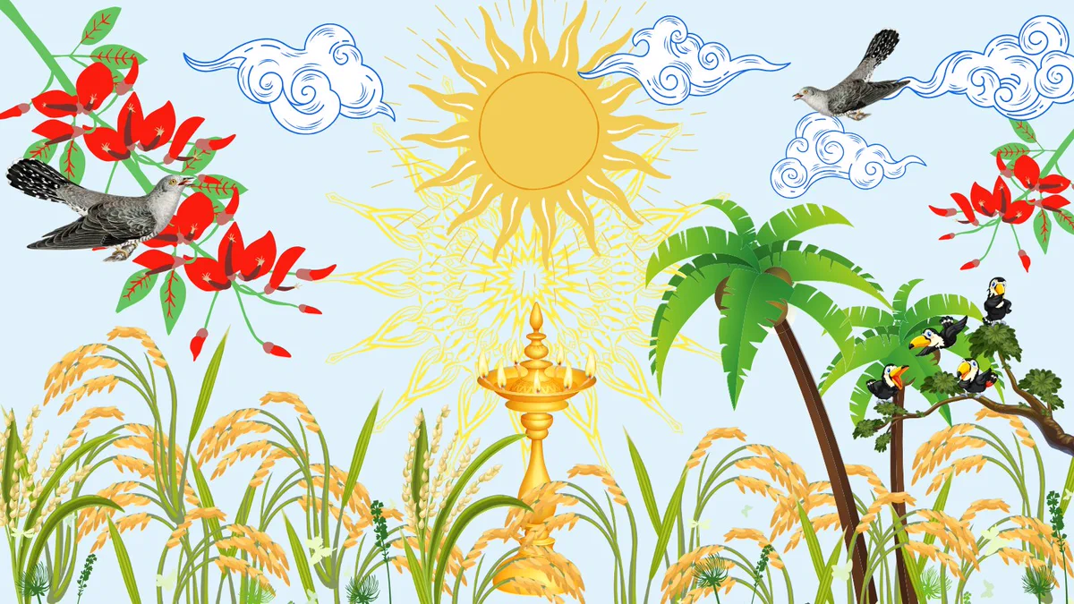 Représentation graphique d'une lampe à huile de coco, d'un soleil brillant, de plants de riz et d'oiseaux.