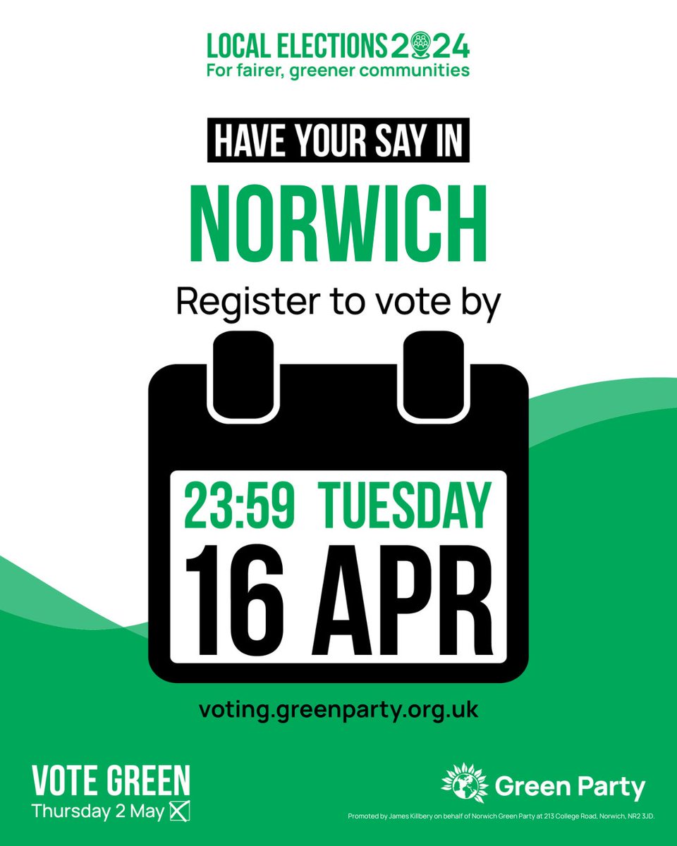 📅 Remember, you've got until 17 April to register to vote in the 2 May local elections. 🌱 If you're in Norwich, make sure to register before the deadline and vote green for a fairer, greener Norwich. #GreenPartyUK #LocalElections #Norwich