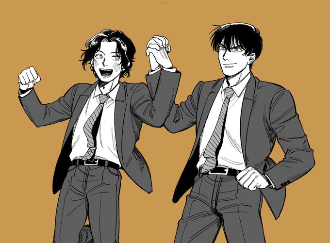 ペン画の練習したくてはじめモノクロ想定だった線画 めちゃくちゃ手癖出て体格差ついてしまった… 
