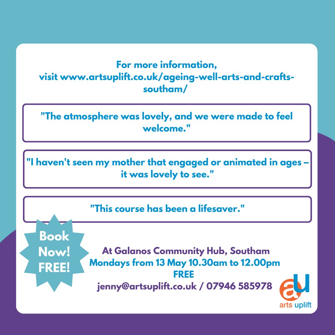 Exciting news for Southam seniors! Free arts &amp; crafts sessions starting May 13th at Galanos Community Hub, thanks to support from Warwickshire County Council, IM Properties Community Fund, Southam Lions &amp; Rotary. Bookings: jenny@artsuplift.co.uk. #AgeingWell #ArtsAndCrafts