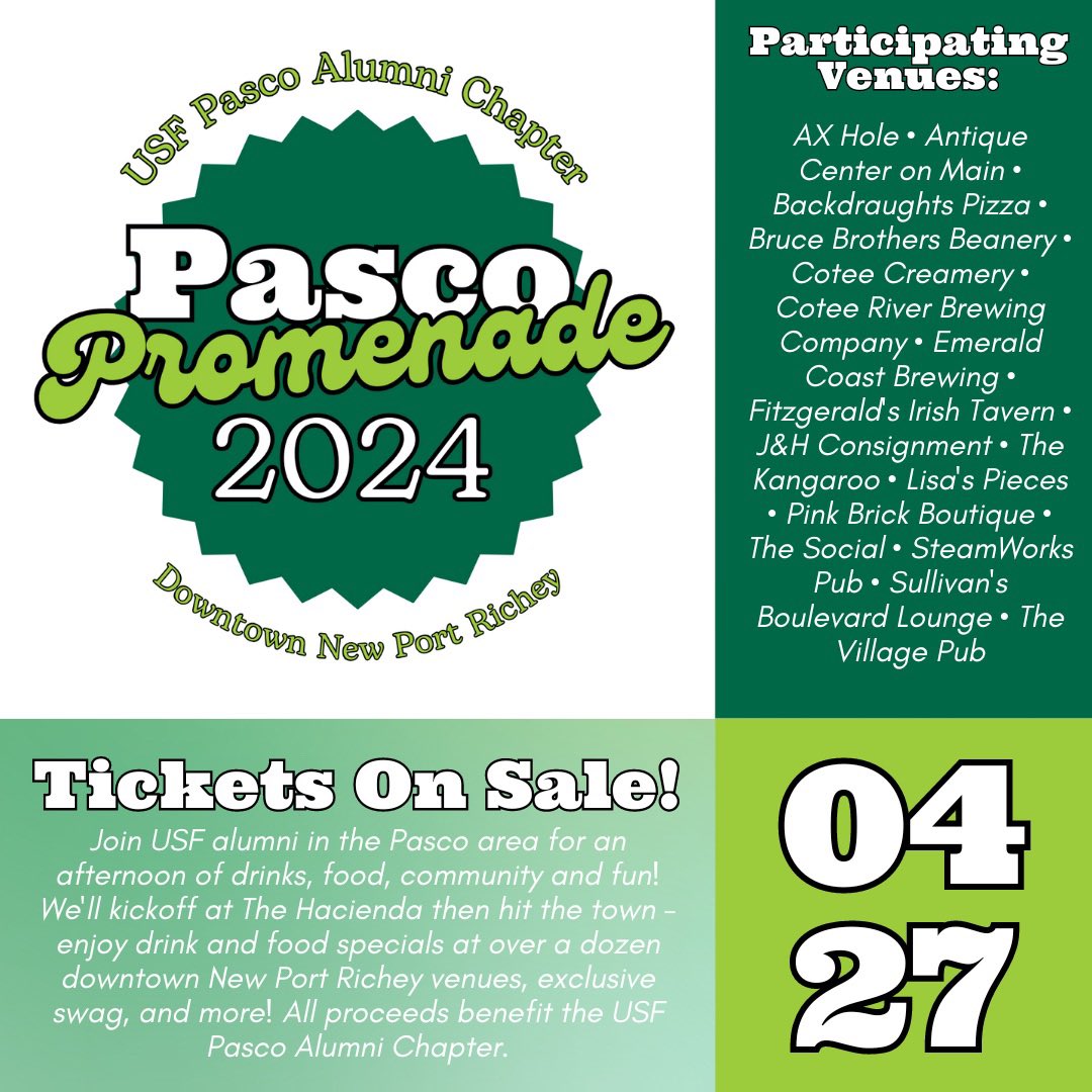 If you are at spring game today, stop by <a href="/USFalumniAssn/">USF Alumni Association</a> tent to learn more and buy your tickets for Pasco Bulls Promenade in New Port Richey on April 27th.