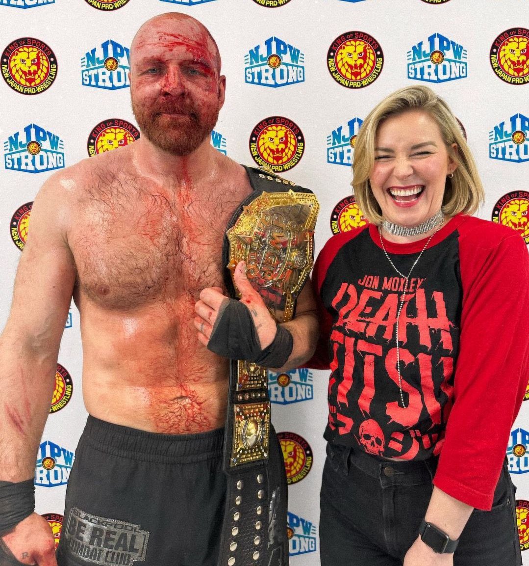 Jon Moxley with Renee Paquette after he won the NJPW IWGP Heavyweight Championship 🥹 1st wrestler to win a World Title in WWE, AEW & NJPW.