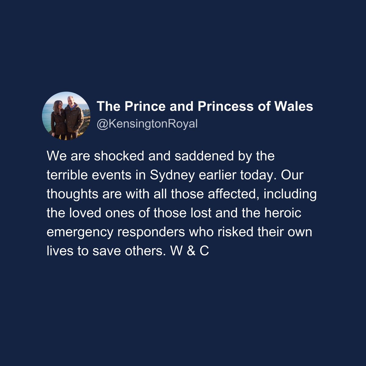 A statement from the Prince and Princess of Wales following the tragic events in Sydney.