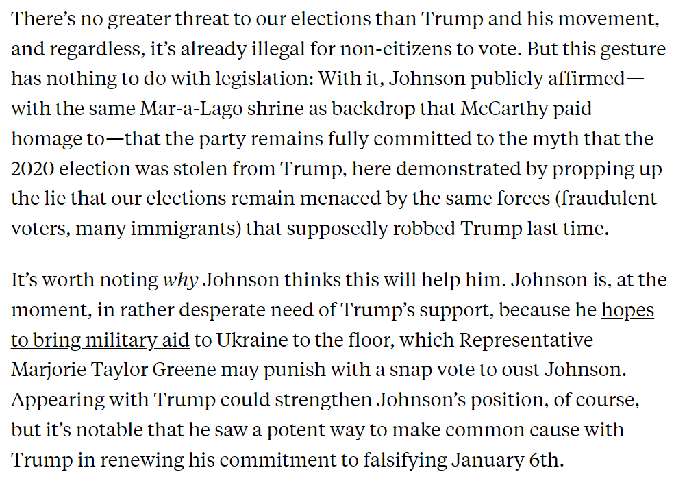 When Mike Johnson worshipped at the Mar-a-Lago shrine yesterday, it was really about reassuring Trump that the House GOP remains fully committed to his 1/6 mythmaking. 'Election integrity'? The biggest threat to our elections is Trump and his movement. newrepublic.com/article/180690…