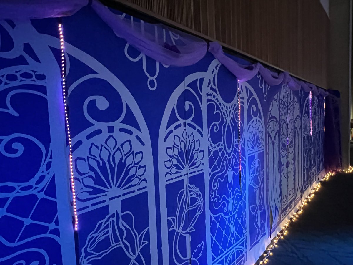 DesignMakeTeach's tweet photo. Spring dance decorations using open space in the #makerspace. Original setup had this area full of machines. #microbits light strips with some simple coding as a first step to microcontroller fun at future events #makerspaceLife https://t.co/L2nKBHid0q