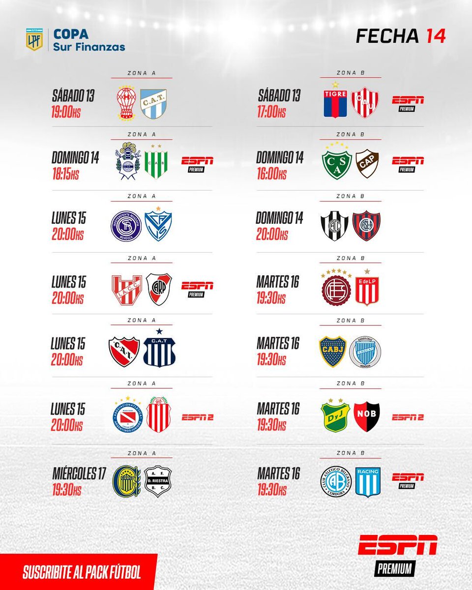 Comienza la fecha 14 en la #CopaDeLaLiga y esta es la agenda completa, con los encuentros que vas a poder disfrutar en vivo en ESPN Premium. 🔥⚽🇦🇷 📺 Suscribite al Pack Fútbol en bit.ly/3s5GhjB