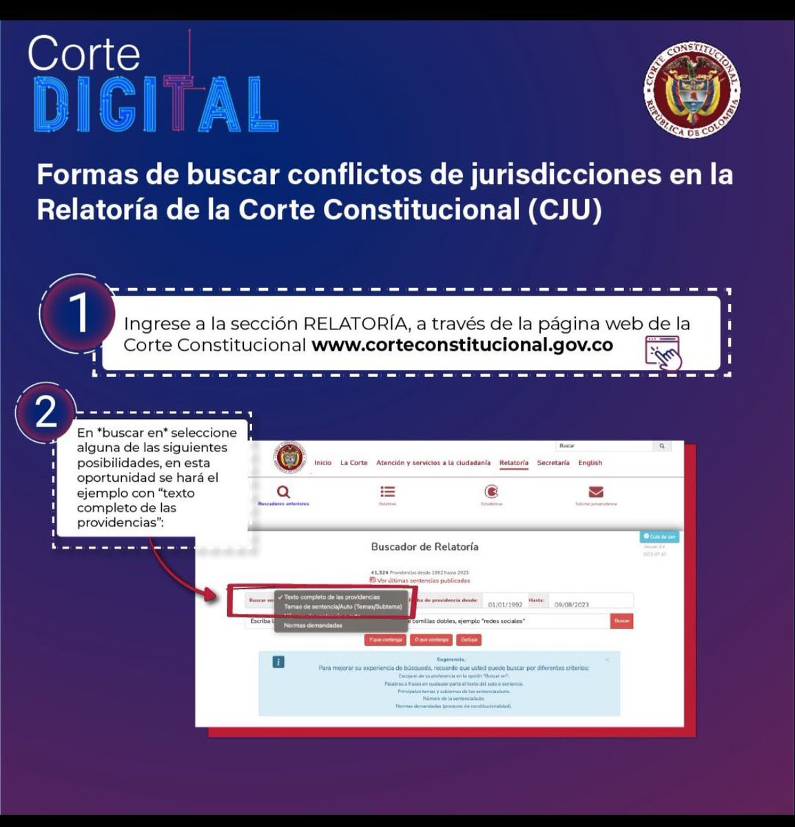 CConstitucional's tweet image. #CorteDigital | Formas de buscar conflictos de jurisdicciones en la relatoria de la Corte Constitucional.

▶️ corteconstitucional.gov.co/relatoria/busc…