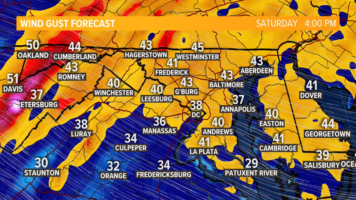 #WindAdvisory through 6 PM this evening! Winds will be sustained 20-30 mph, with gusts as high as 50 mph at times through sunset. Travel with care and watch for potential debris and tree limbs. #WUSA9Weather @wusa9